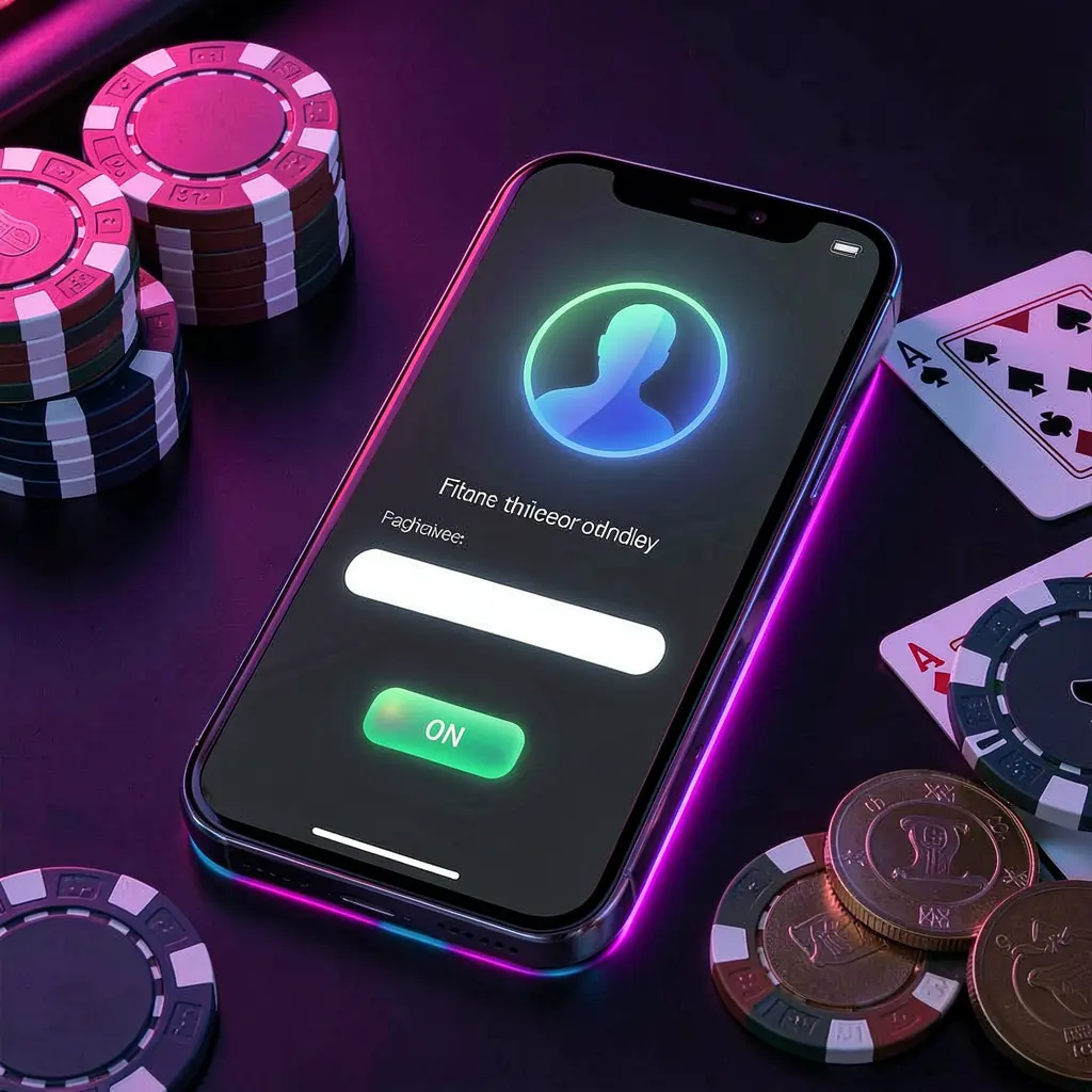 Adegan masuk aplikasi kasino 99RT pada ponsel pintar dengan ikon profil pengguna bercahaya, dikelilingi chip poker, kartu remi, dan koin dengan latar belakang gelap elegan serta sorotan neon