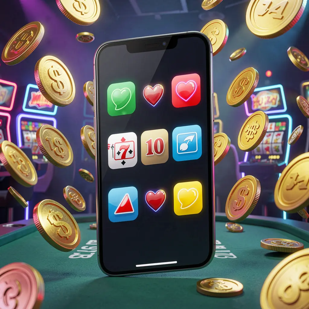 Render 3D realistis dari ponsel modern yang menampilkan aplikasi kasino Android 99RT dengan ikon aplikasi, dikelilingi koin emas melayang dan simbol slot dalam suasana kasino neon
