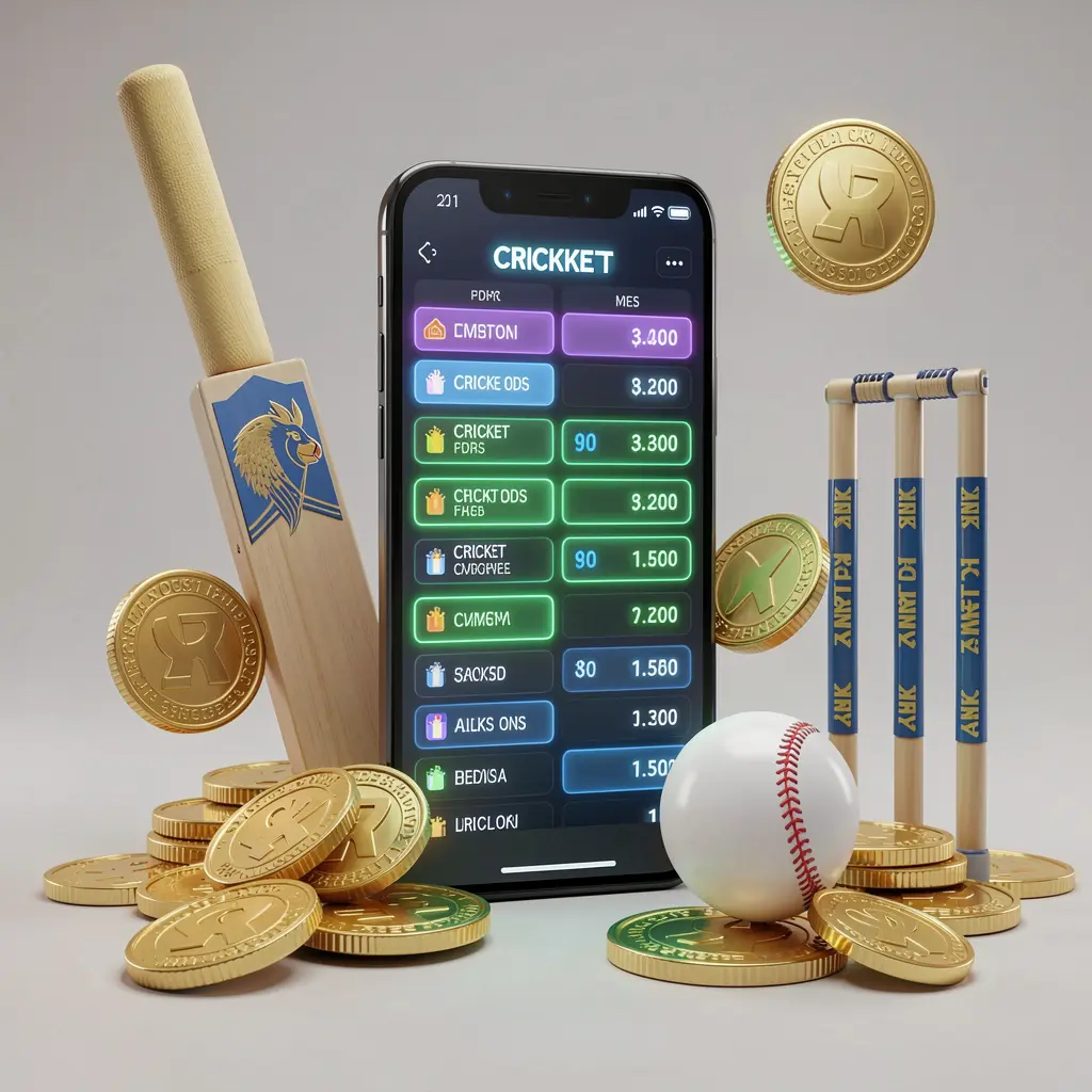 Adegan taruhan kriket modern 99RT dengan ponsel pintar yang menampilkan antarmuka peluang kriket bercahaya, dikelilingi tongkat kriket, bola, gawang, dan koin emas dalam ilustrasi 3D premium
