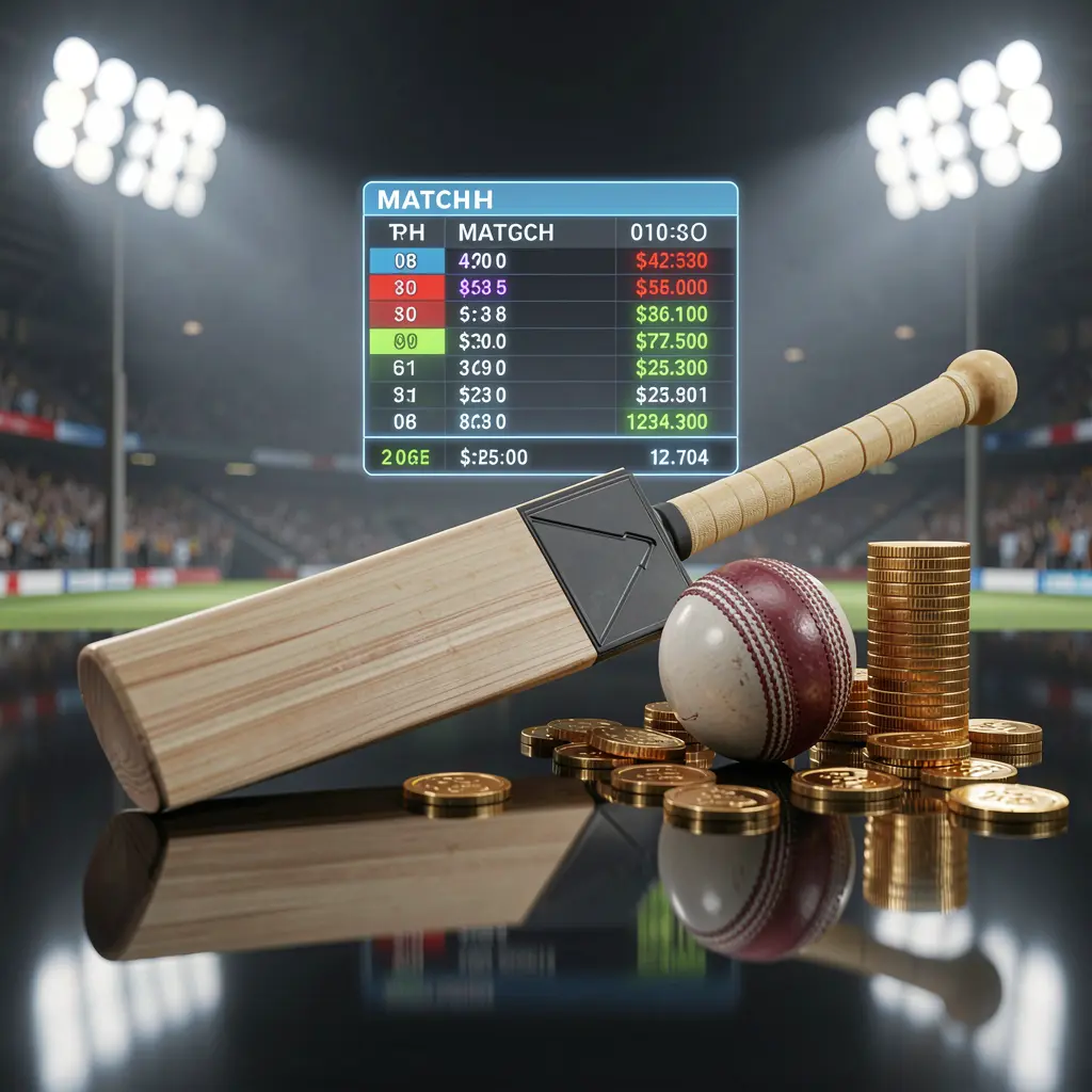 Gambar taruhan olahraga premium 99RT yang menampilkan tongkat dan bola kriket di atas permukaan gelap mengilap dengan koin emas, statistik pertandingan bercahaya, dan lampu stadion dalam render 3D realistis
