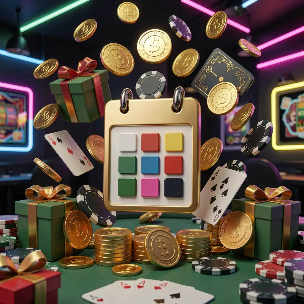 Konsep bonus kasino daring mingguan 99RT yang menampilkan ikon kalender dikelilingi koin emas, kotak hadiah, chip poker, dan kartu remi dalam suasana kasino meriah dengan lampu neon pada latar belakang modern gelap