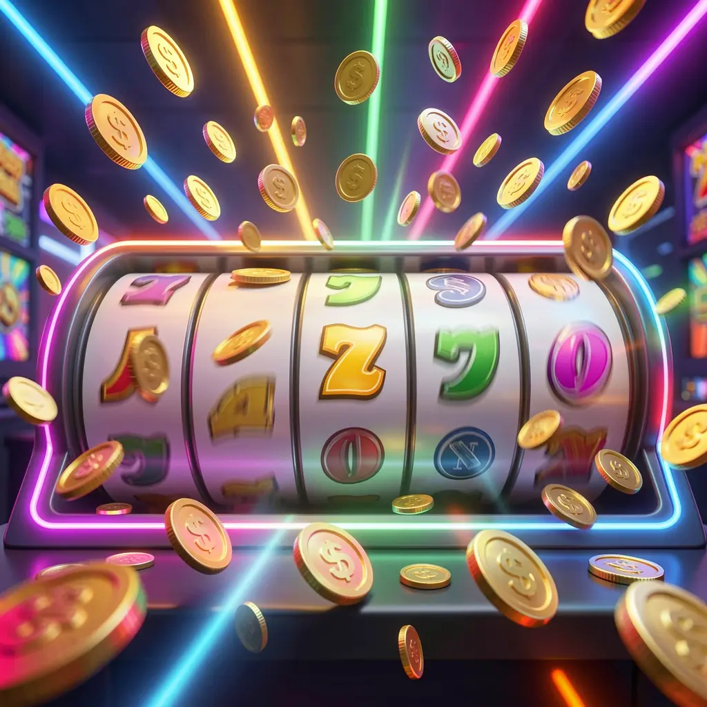 Gambar putaran gratis kasino 99RT yang menampilkan gulungan mesin slot berputar dengan koin emas beterbangan di mana-mana di bawah lampu neon berwarna-warni yang menciptakan suasana jackpot yang mendebarkan dalam ilustrasi 3D premium