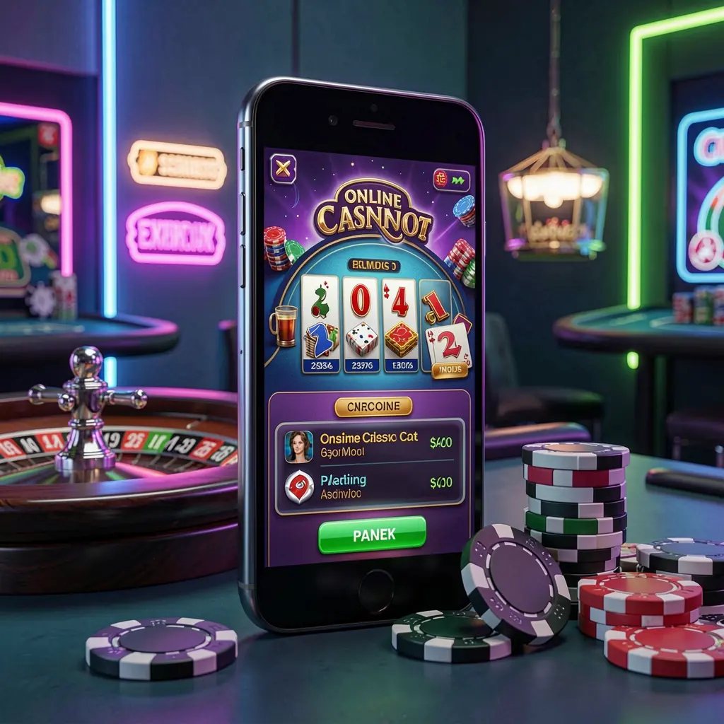 Platform kasino daring 99RT ditampilkan pada ponsel pintar dengan roda roulette bercahaya dan chip poker berlatar belakang neon premium dalam render 3D realistis