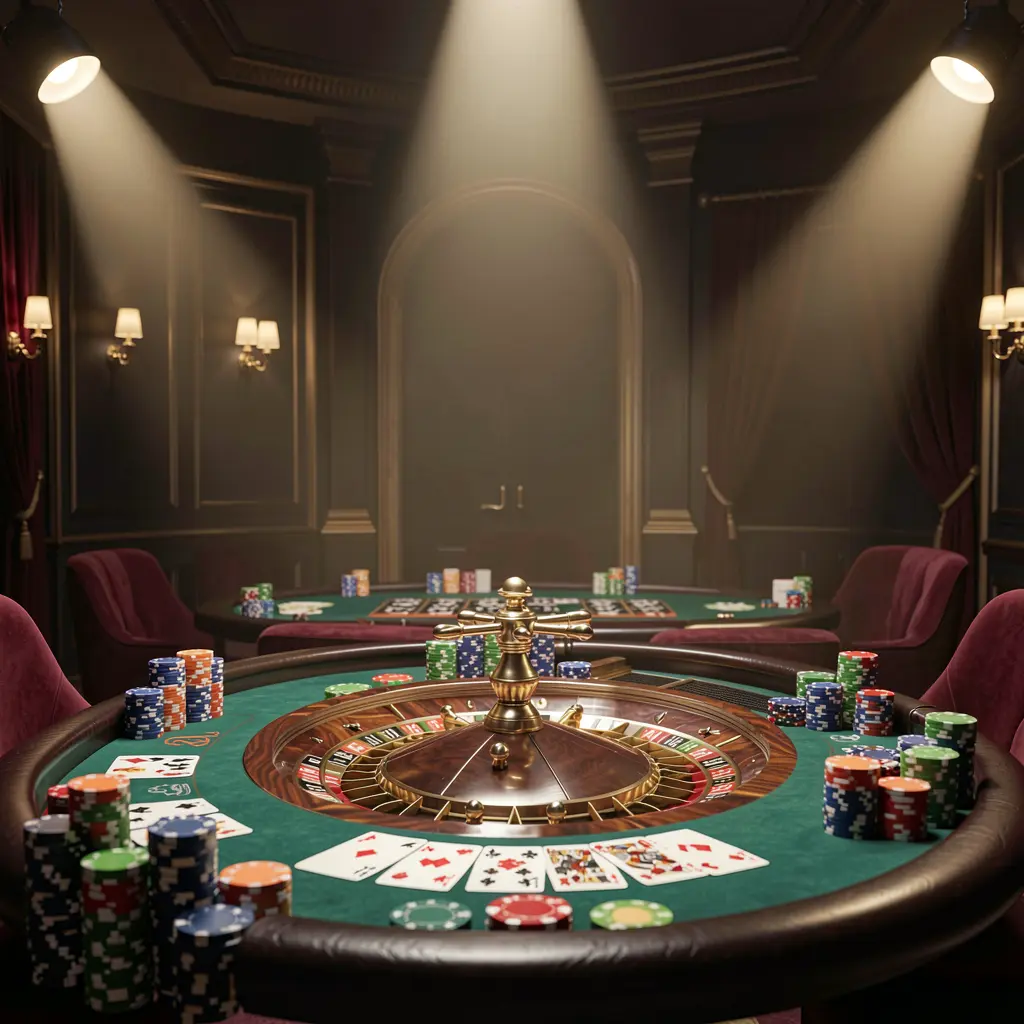 Adegan kasino langsung 99RT yang menampilkan meja roulette, kartu remi, dan chip di bawah lampu sorot bercahaya dengan latar belakang gelap elegan dalam gaya 3D sinematik