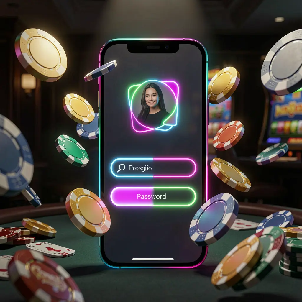 Layar masuk kasino seluler 99RT pada ponsel dengan kolom profil pengguna dan kata sandi yang ditampilkan sebagai bentuk UI abstrak, efek cahaya neon, chip dan koin beterbangan di sekitarnya dalam suasana kasino premium gelap