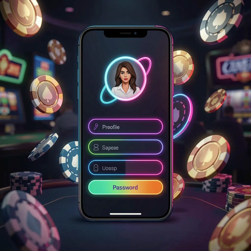 Layar masuk kasino seluler 99RT pada ponsel dengan kolom profil pengguna dan kata sandi yang ditampilkan sebagai bentuk UI abstrak, efek cahaya neon, chip dan koin beterbangan di sekitarnya dalam suasana kasino premium gelap